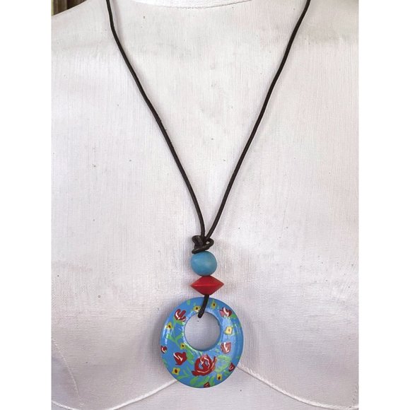 Vintage 1980s Flower Painted Wood Pendant Earrings Set - Picture 2 of 8